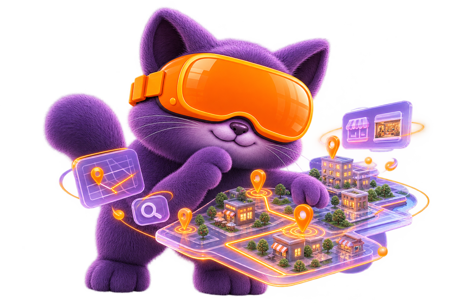Purple cat in orange VR goggles planning on a glowing 3D neighbourhood map